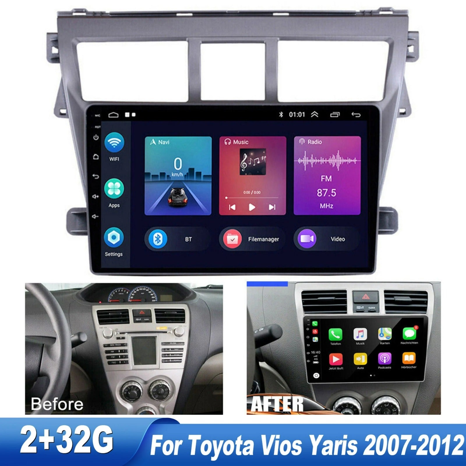 Toyota | Vios/Yaris | 2007-2012 | 9 Inch Car Frame Fascia | Car Radio Adapter Dash Panel Kit